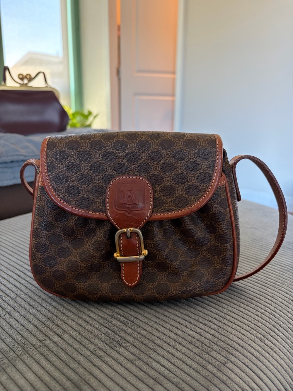 Celine Brown Patterned Canvas Crossbody with Tan Leather Trim (vintage)